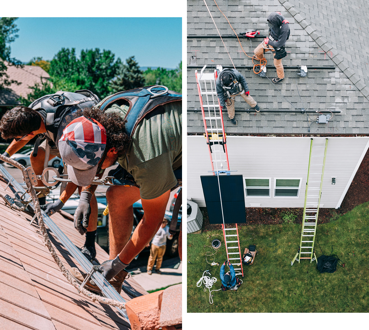 Workers installing shingles on roof
