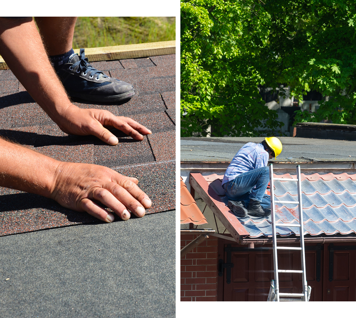 Worker on ladder fixing roof