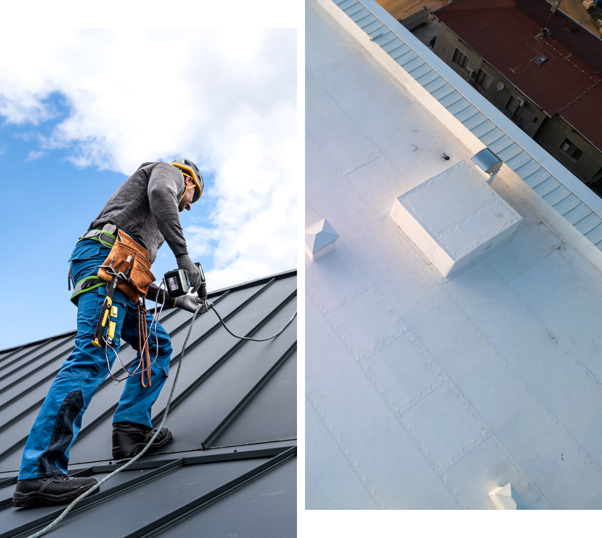 Roofer working on metal roof